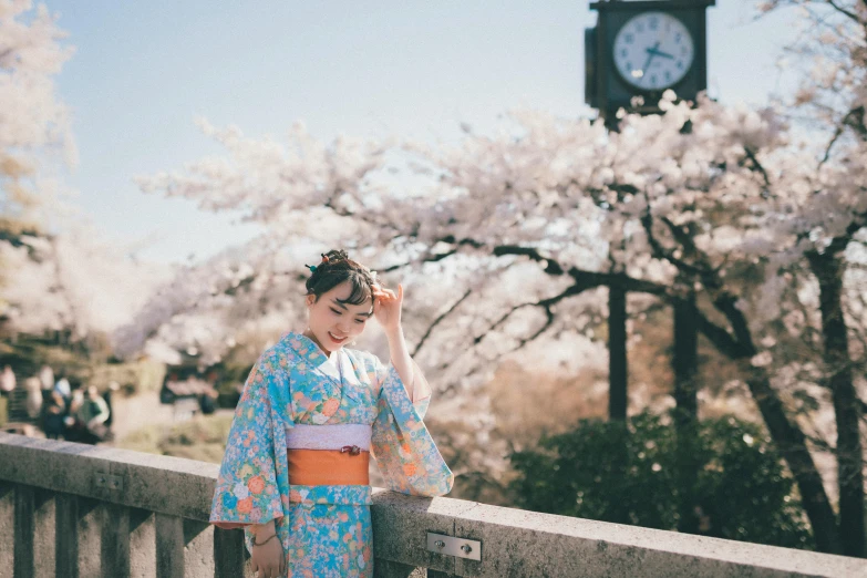 a woman in a kimono standing on a bridge, trending on unsplash, cherry blossom tree, 🚿🗝📝, blue and pink bonsai tree, けもの