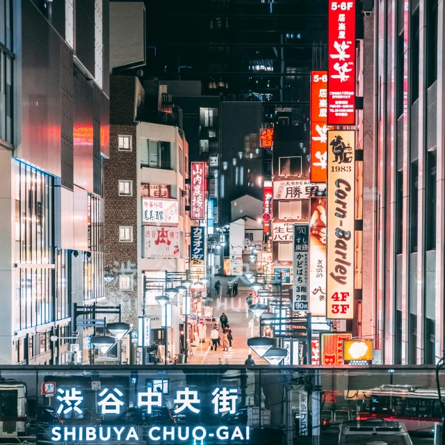 a city street filled with lots of tall buildings, inspired by Shinoda Toko, pexels contest winner, ukiyo-e, neon sign, high resolution photo, instagram photo, historical