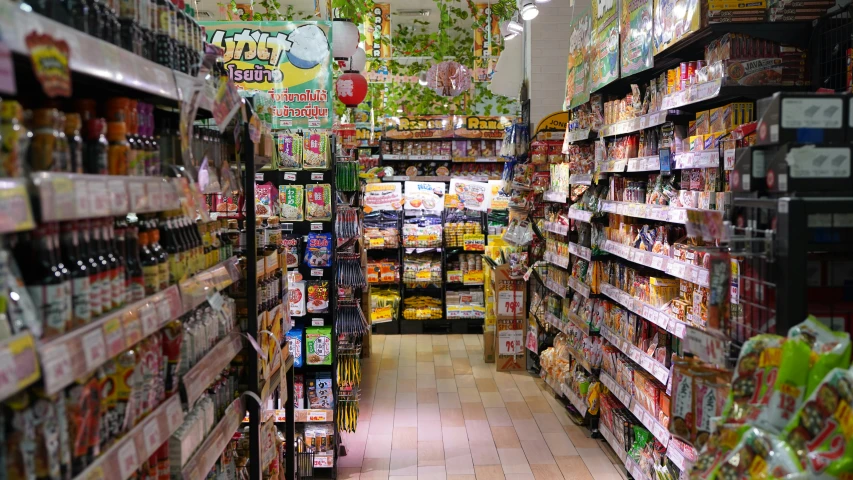 a store filled with lots of different types of food, pexels, shin hanga, lush sakura, full body wide shot, totally radical, looking upward