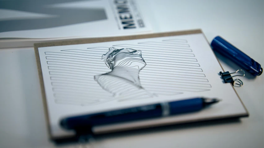 a pen sitting on top of a notebook next to a pen, a drawing, by Adam Marczyński, behance contest winner, angle profile portrait, behance lemanoosh, anamorphic illustration, fine swirling lines