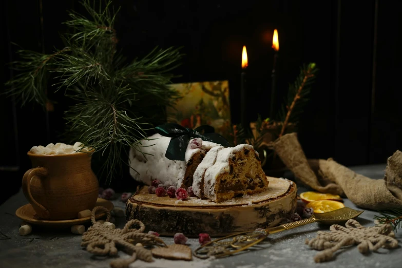 a cake sitting on top of a wooden slice, a still life, by Julia Pishtar, pexels contest winner, baroque, christmas night, background image, 🎀 🗡 🍓 🧚, covered in white flour