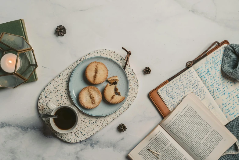 a plate of cookies and a cup of coffee on a table, a still life, inspired by Olive Mudie-Cooke, trending on pexels, private press, background image, leftover meat pie, an open book, grey and blue theme