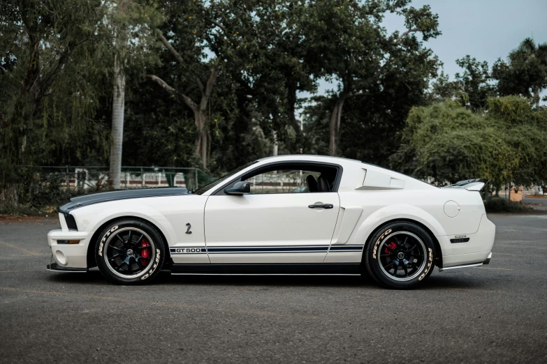 a white mustang parked in a parking lot, a portrait, unsplash, cobra, full body profile, 15081959 21121991 01012000 4k, ::