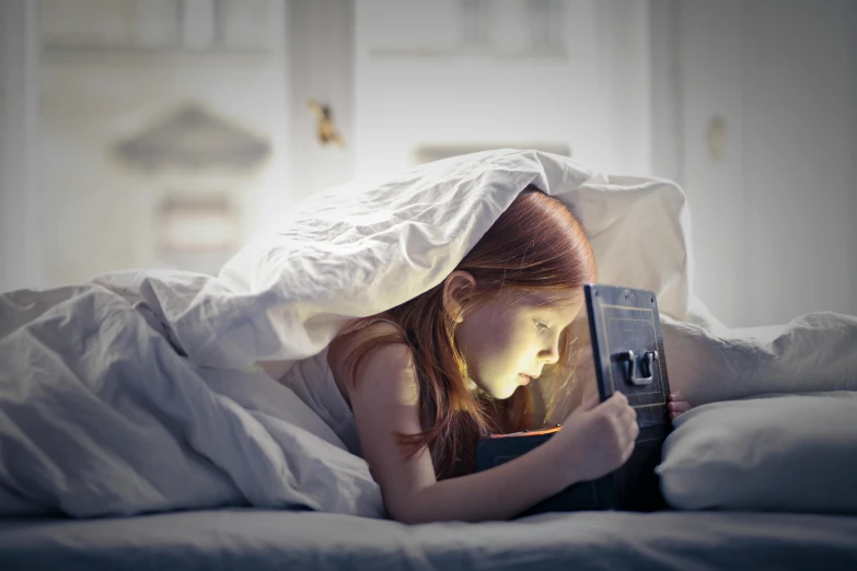 a little girl laying in bed reading a book, a storybook illustration, inspired by Albert Anker, unsplash contest winner, magical realism, checking her phone, readhead, covered with blanket, gaming