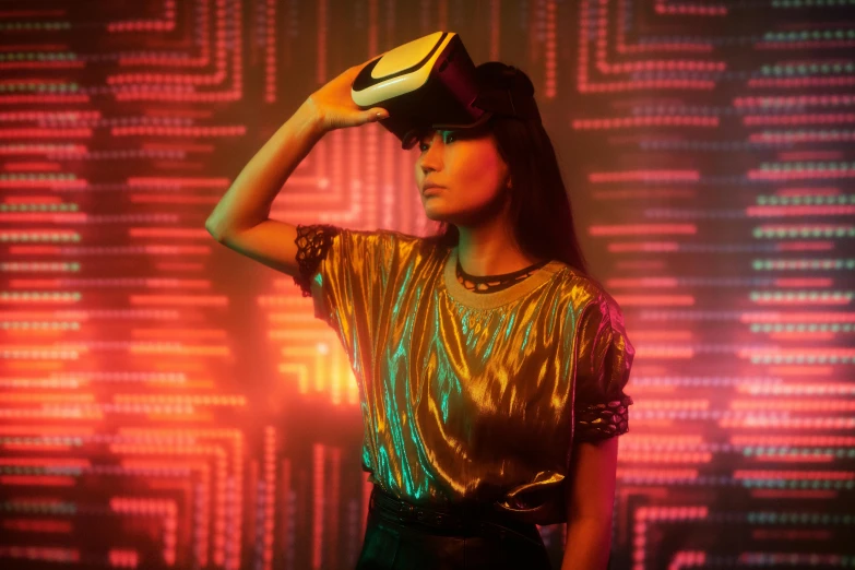 a woman with a hat on top of her head, a hologram, by Julia Pishtar, leds visor helmet, gold, retro wave, gemma chan