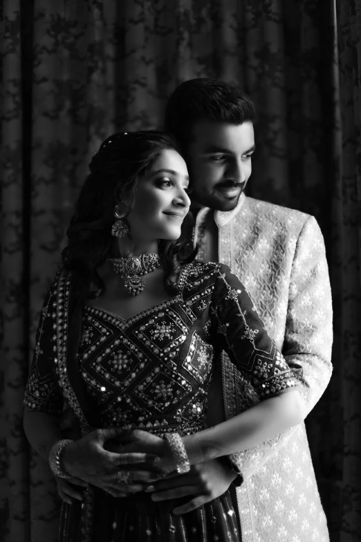 a black and white photo of a bride and groom, inspired by Saurabh Jethani, realism, ✨🕌🌙, silver, lowres, official