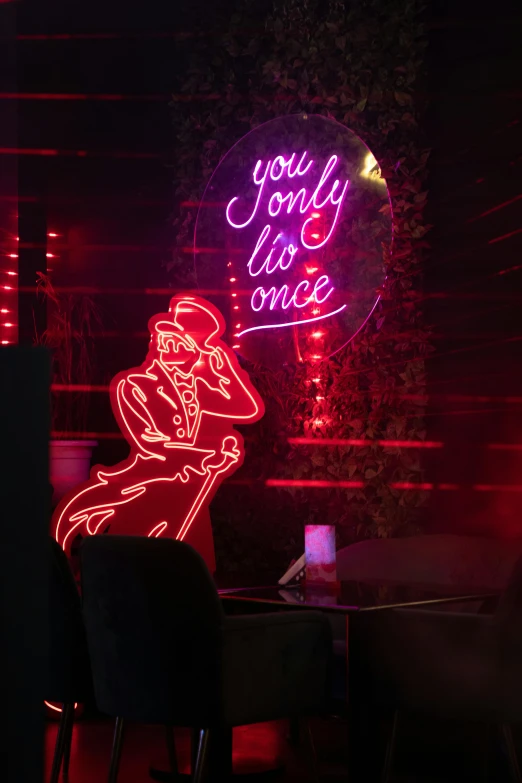 a neon sign that says you only live once, a cartoon, pexels, sitting alone at a bar, jessica rabbit, romantic lighting, ivy's
