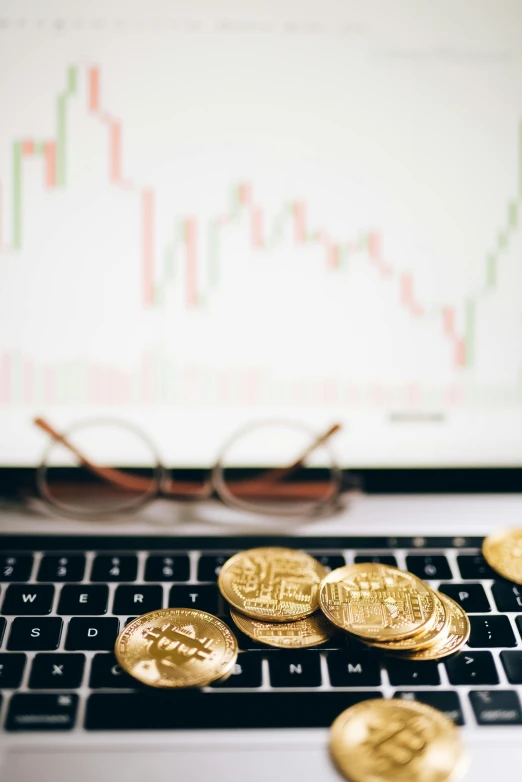 a laptop with a bunch of gold coins on top of it, a digital rendering, by Adam Rex, trending on unsplash, waveforms on top of square chart, cryptopunk with pit vipers, thumbnail, traders