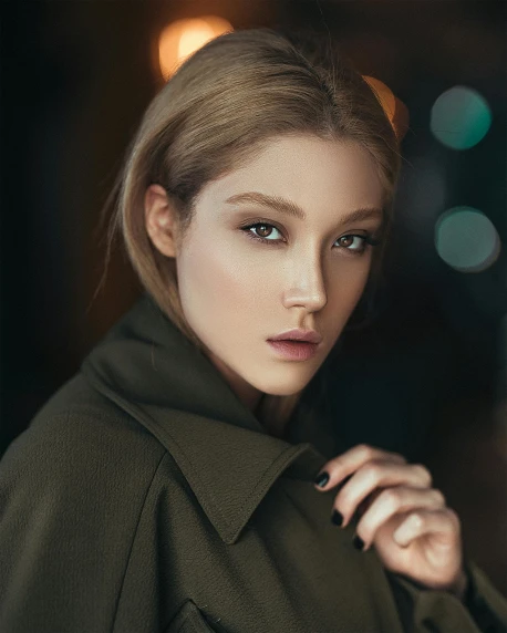 a woman in a green coat posing for a picture, trending on pexels, photorealism, beautiful pale makeup, cinematic. by leng jun, her skin is light brown, bella poarch