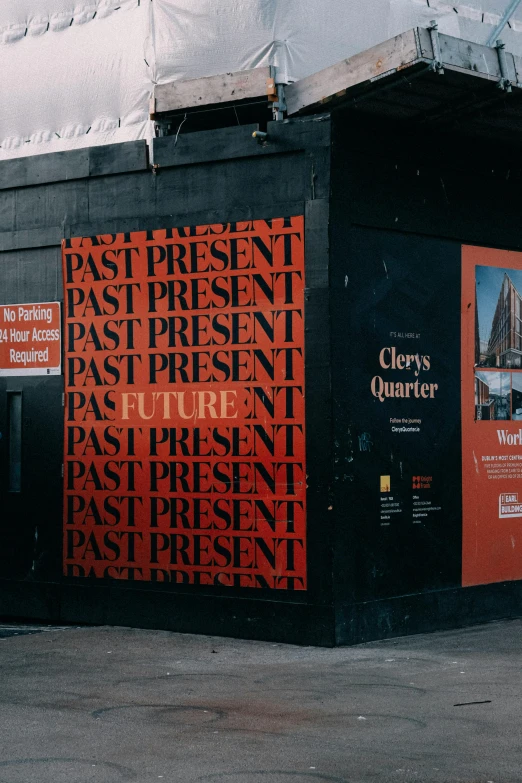 a building with a sign that says past present past present past present past present past present past present past present past present past present past present present, poster art, by Ian Hamilton Finlay, trending on unsplash, black arts movement, new york back street, medium-format print, payne's grey and venetian red, detailed photo of an album cover