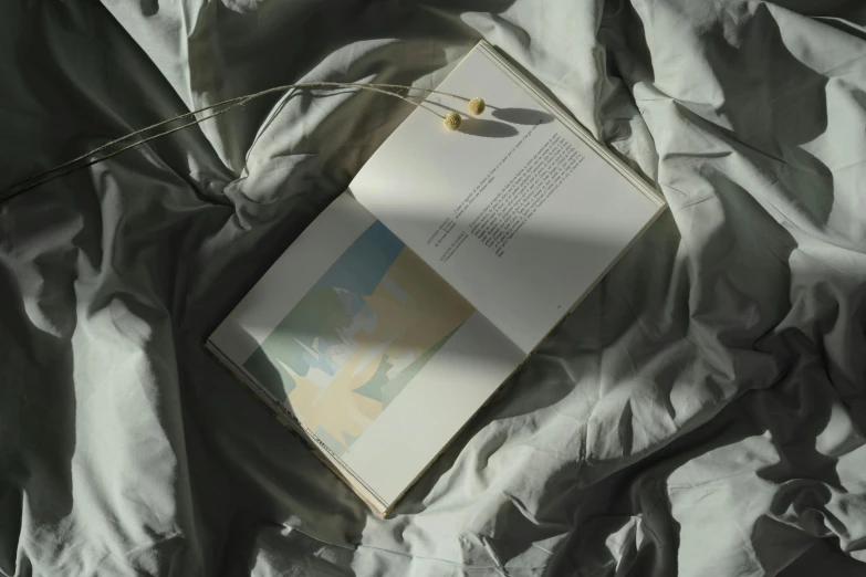 a book laying on top of a bed covered in sheets, inspired by Andrew Wyeth, unsplash contest winner, in muted colours, made from paper, sunny day time, ignant