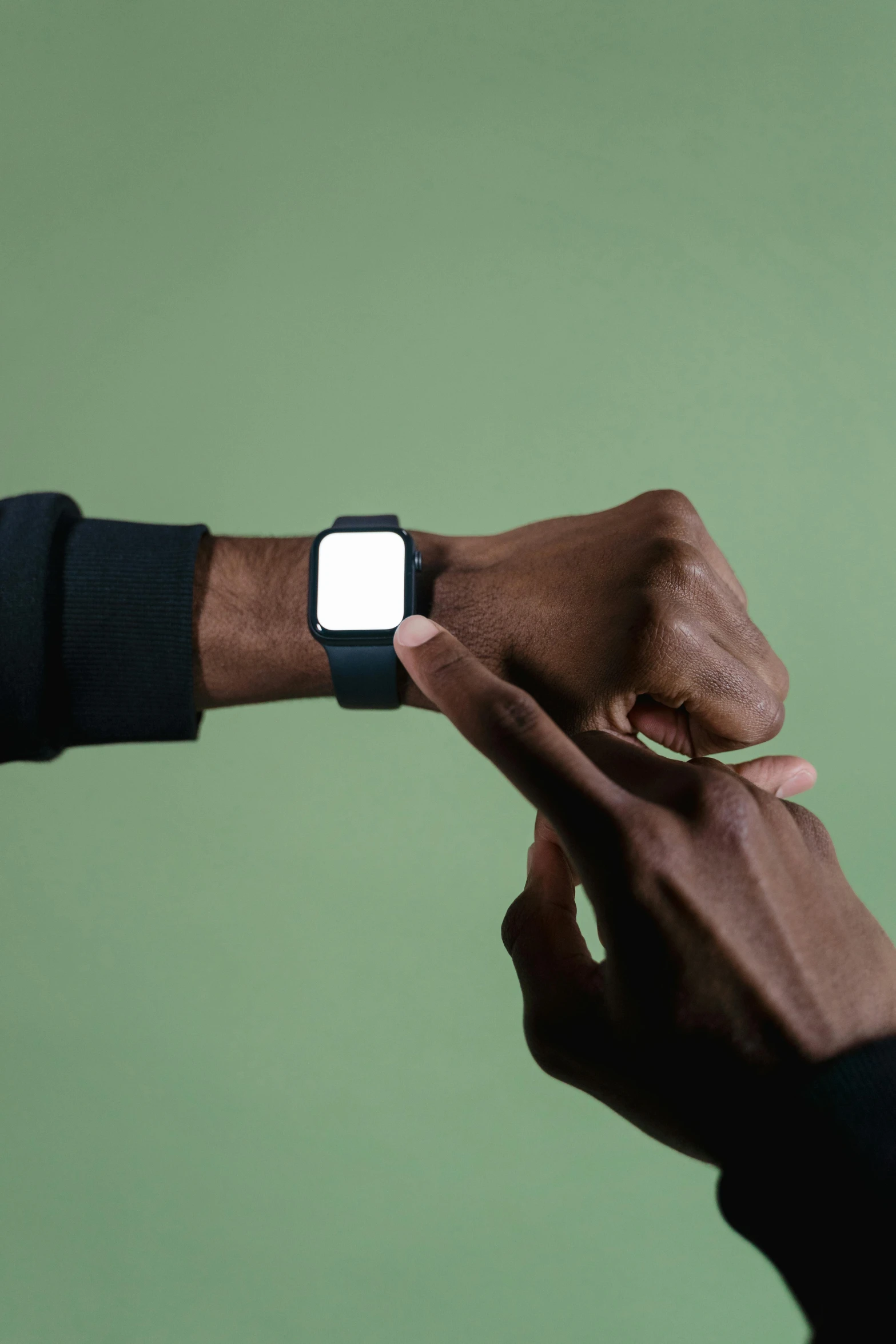 a close up of a person holding an apple watch, by Carey Morris, hypermodernism, man is with black skin, teaching, square, high resolution image