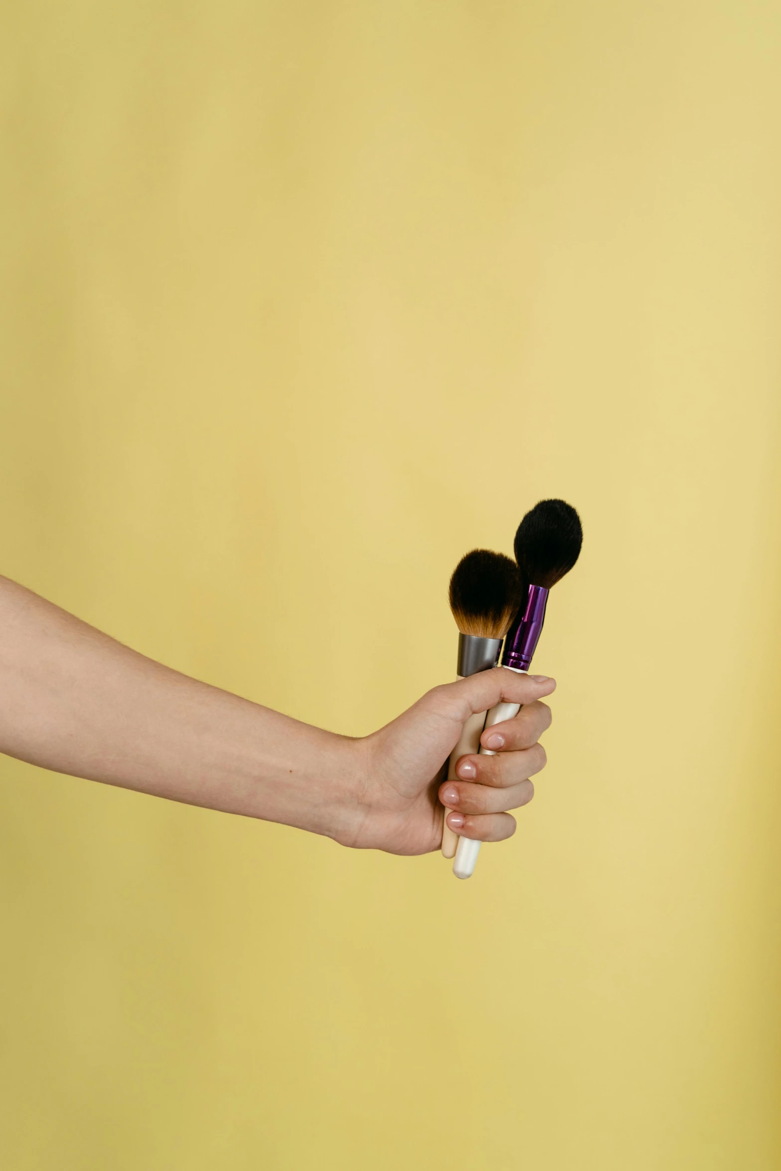 a woman holding two makeup brushes in her hand, unsplash, photorealism, ilustration, hyperrealistic image, playful composition canon, colour photograph