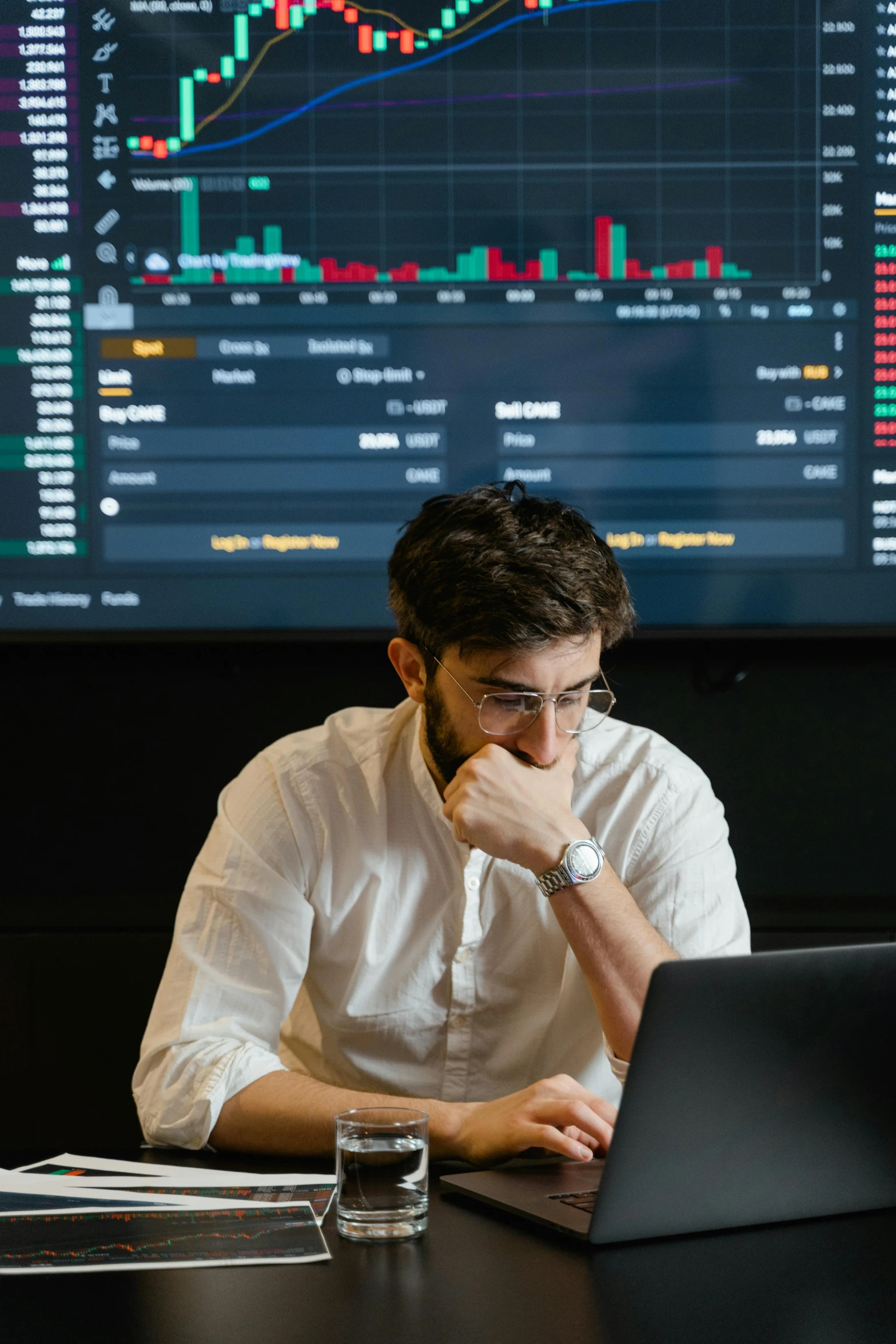 a man sitting in front of a laptop computer, a screenshot, trending on unsplash, renaissance, trading stocks, giant crypto vault, looking serious, ox