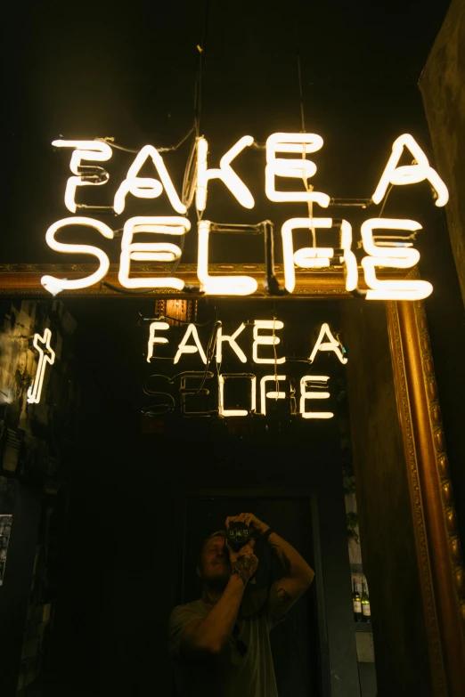 a neon sign that says take a selfie fake a life, inspired by Elsa Bleda, unsplash contest winner, graffiti, alternative reality mirrors, outside a saloon, stable diffusion self portrait, ( ( photograph ) )