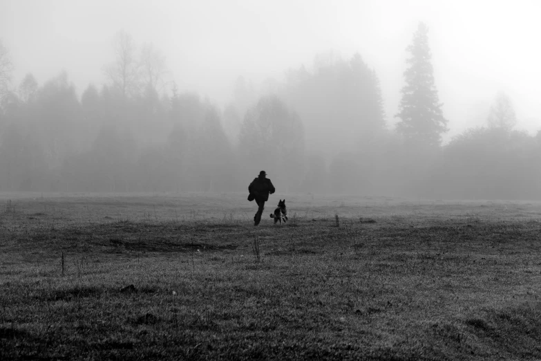 a man and his dog in a foggy field, a black and white photo, pexels contest winner, figuration libre, working out in the field, near forest, in an empty field, 5k