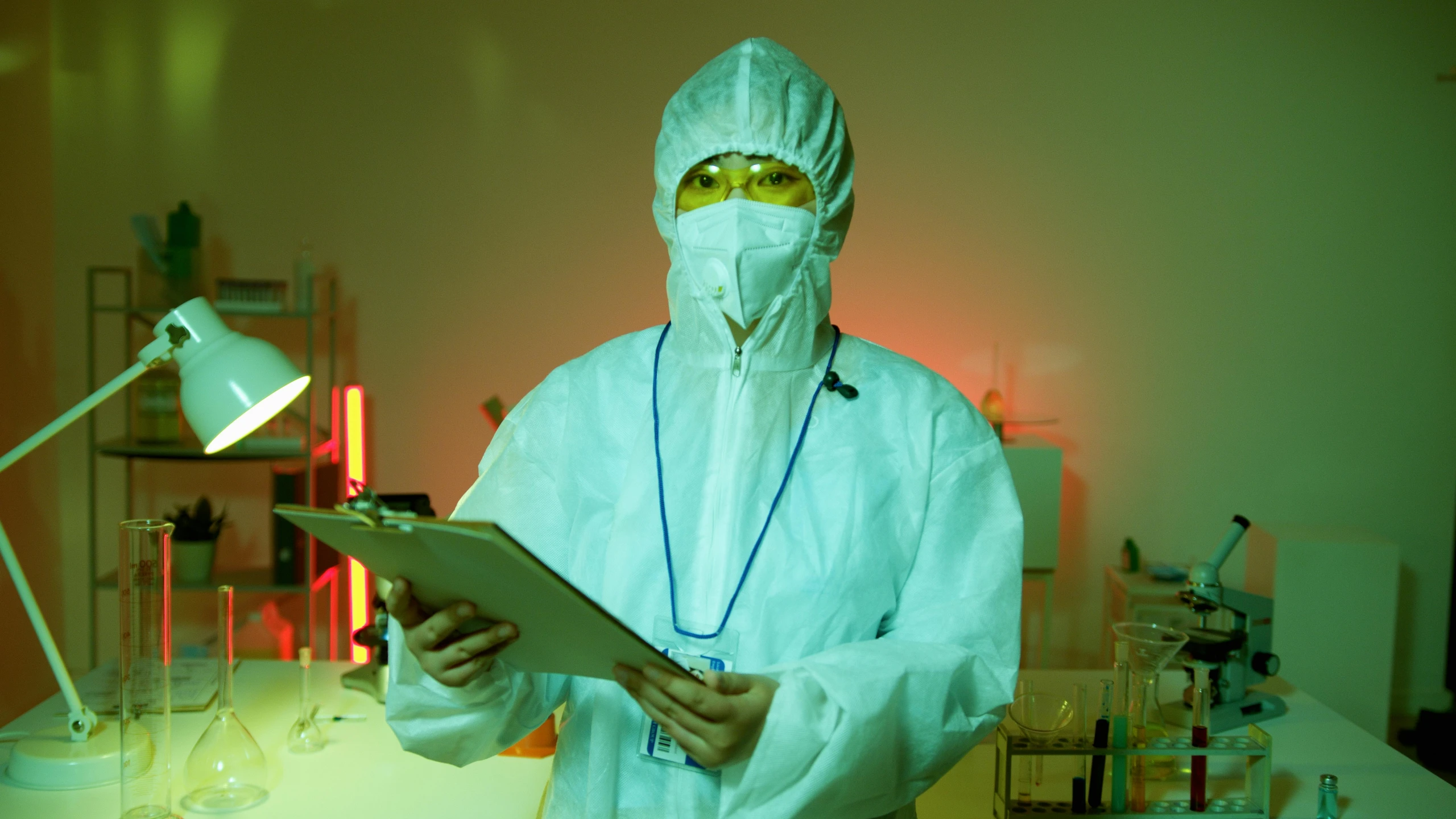 a man in a lab coat holding a clipboard, pexels, holography, staff wearing hazmat suits, secret shady laboratory, bao pham, portrait photo