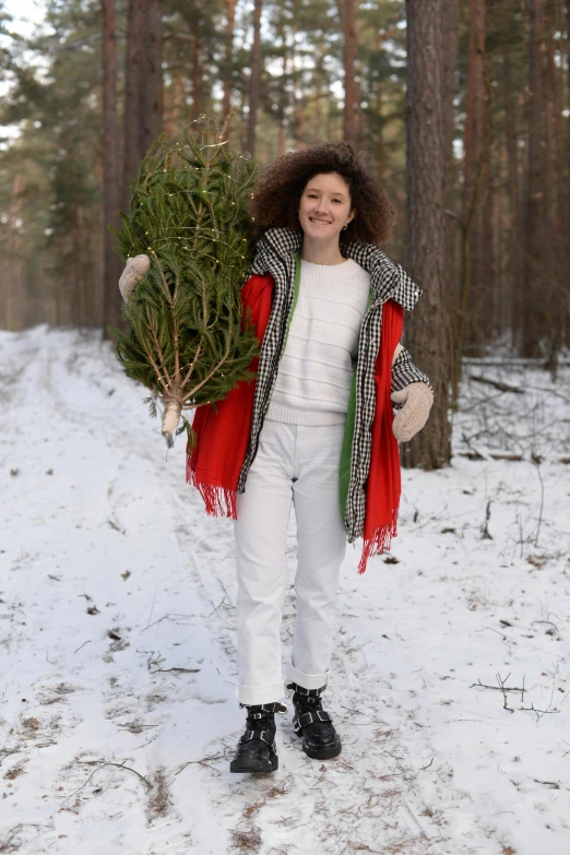 a woman holding a christmas tree in the snow, curated collection, walking, lumberjack, edited