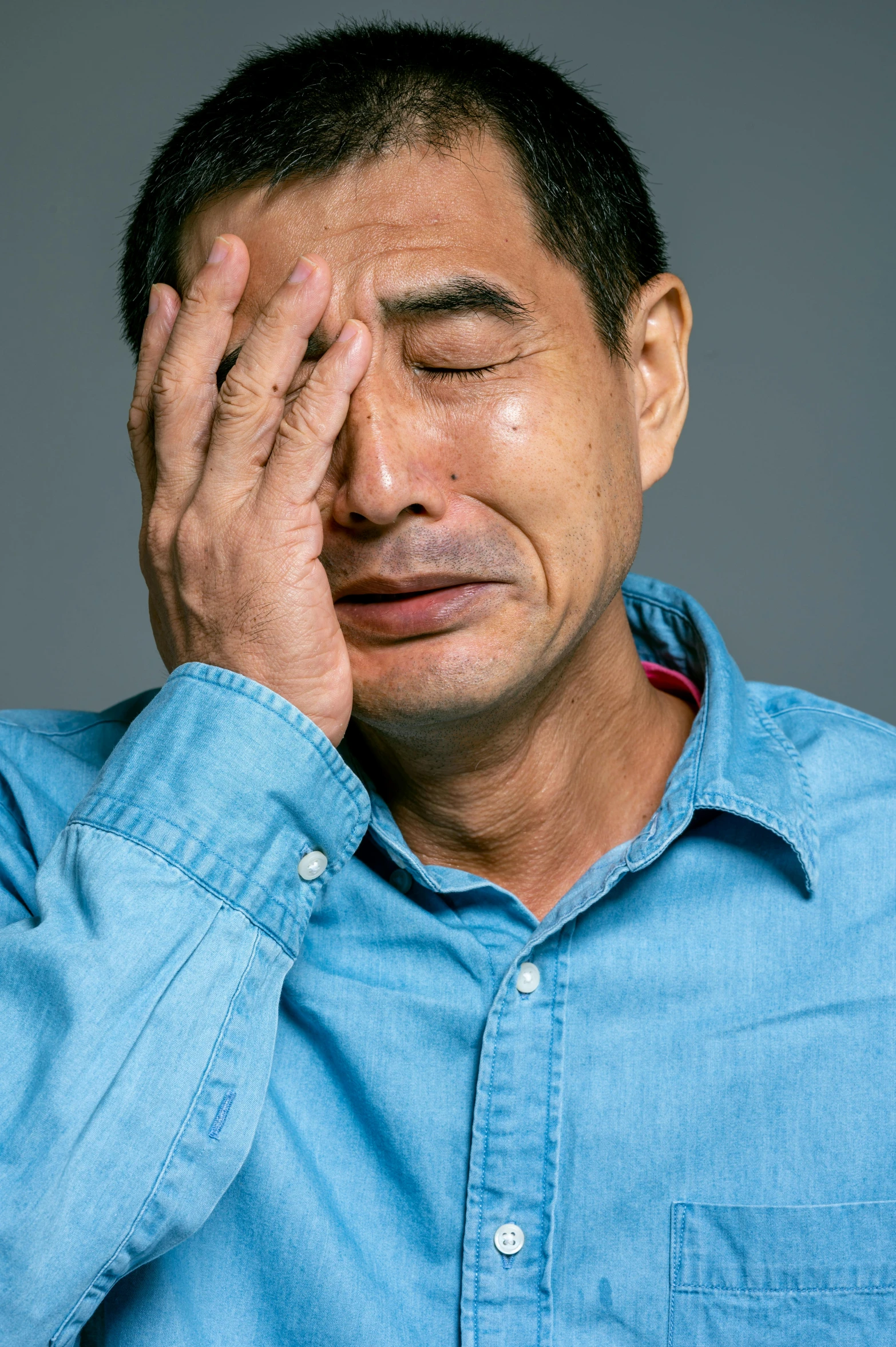 a man holding his hands to his face, by Murakami, shutterstock, shin hanga, tony hawk crying, plain background, editorial image, movie still of a tired