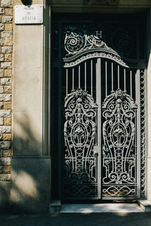 an iron gate in front of a brick building, by Leo Michelson, pexels contest winner, art nouveau, carved black marble, perfect crisp sunlight, tall door, about