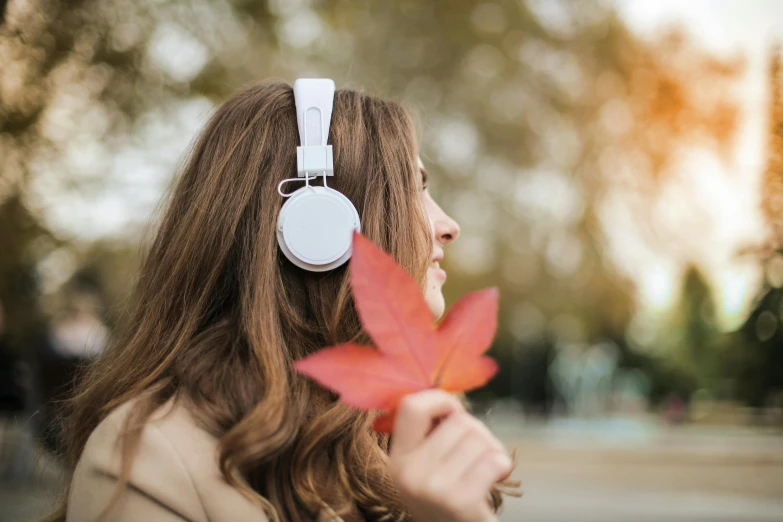 a woman with headphones on holding a red leaf, trending on pexels, blank, instagram post, with a white, chillwave