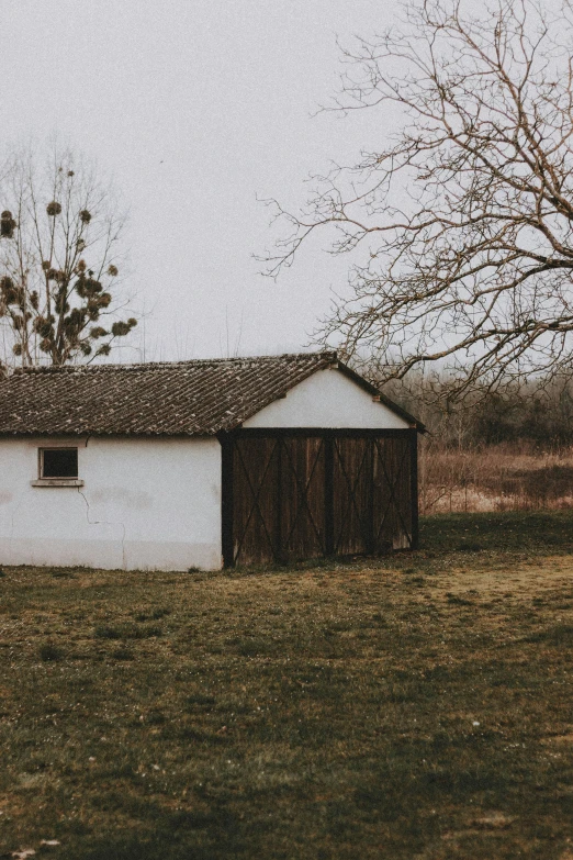 a small white building sitting in the middle of a field, by Lucia Peka, pexels contest winner, inside a shed, nostalgic and melancholic 4 k, plain background, in a suburban backyard
