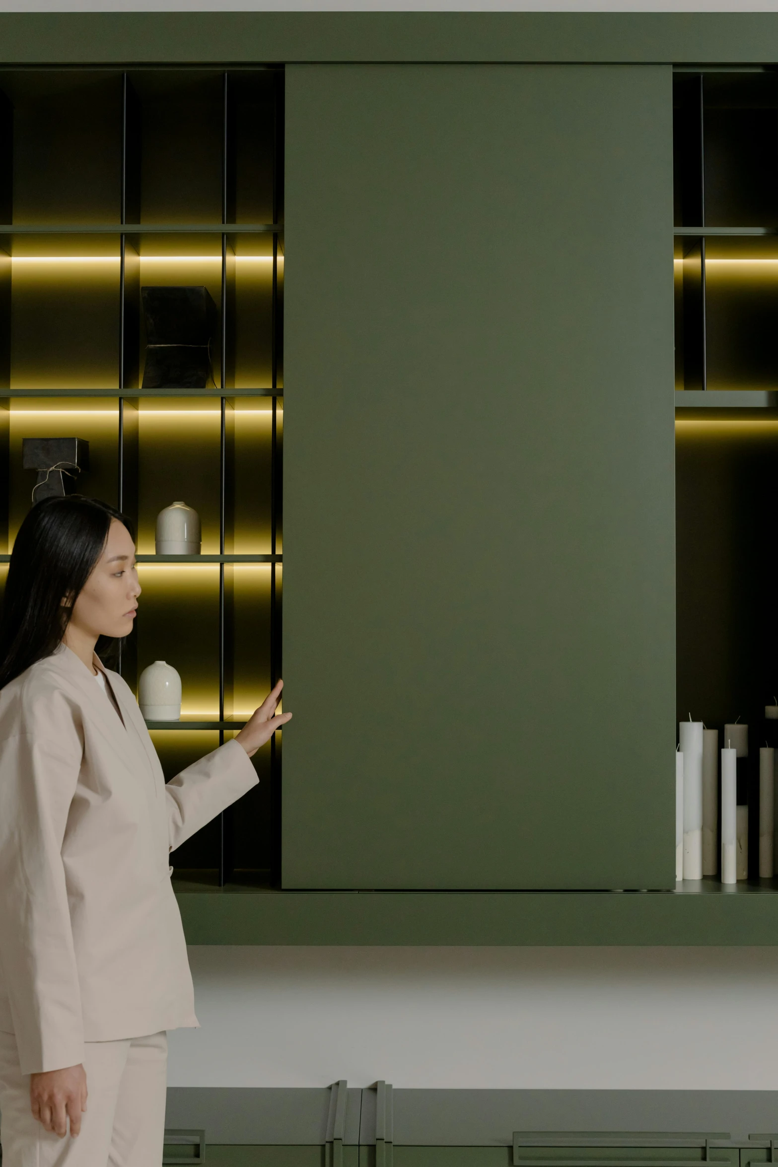 a woman standing in front of a green cabinet, accent lighting : : peugot onyx, shelves, calmly conversing 8k, minimal modern