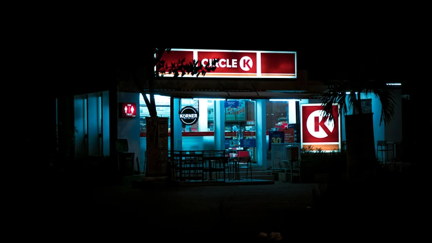 a fast food restaurant lit up at night, by Kristian Kreković, kinetic art, perfect circle, convenience store, cycles, 5 0 mm kodak