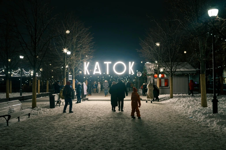 a group of people that are standing in the snow, by Jaakko Mattila, unsplash contest winner, graffiti, neon electronic signs, kafka, gate, still from loki ( 2 0 2 1 )