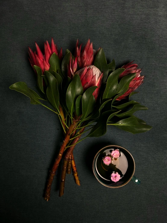 a bunch of flowers sitting on top of a table, inspired by François Boquet, trending on unsplash, hyperrealism, dark backdrop, pink and red color scheme, detailed product image, holding close