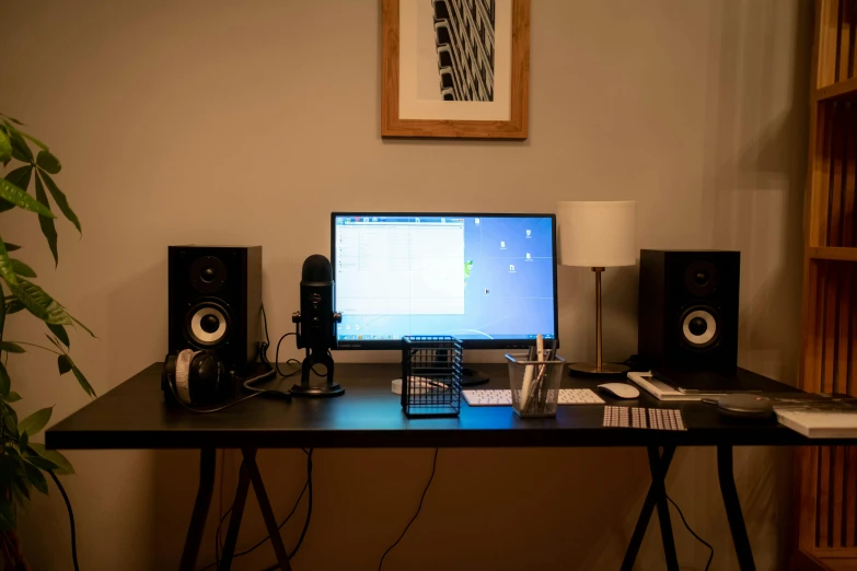 a desktop computer sitting on top of a wooden desk, table with microphones, full body image, taken on iphone 1 3 pro, pc screen image