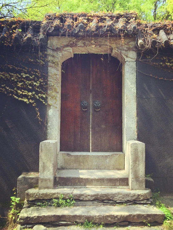 a wooden door sitting on the side of a stone building, an album cover, by Han Gan, unsplash, hangzhou, vine covered, historical picture, brown