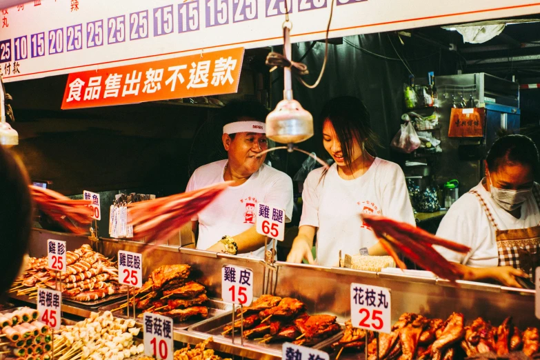 a group of people standing in front of a food stand, with neon signs, li zixin, header, thumbnail