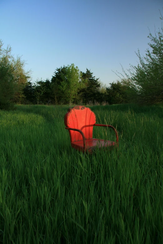 a red chair sitting in the middle of a lush green field, david kassan, maya renderer, spring evening, dan mumfor