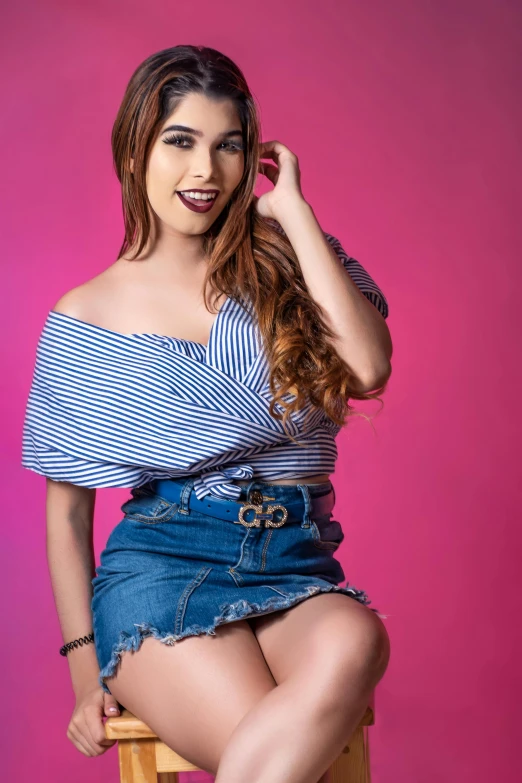 a woman sitting on top of a wooden chair, wearing crop top and miniskirt, avatar image, uploaded, beautiful mexican woman