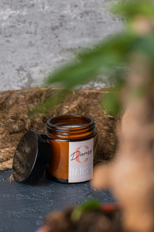 a candle sitting on top of a table next to a potted plant, by Daniel Lieske, jar of honey, thumbnail, dark orange, product image