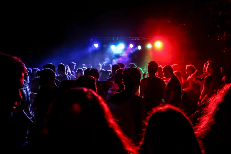 a crowd of people standing next to each other at a concert, an album cover, pexels, red and blue back light, college party, a green, a wide shot