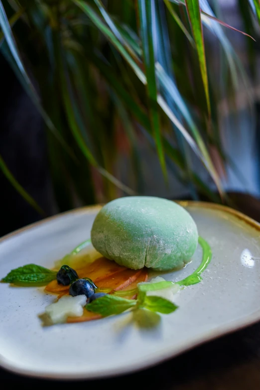 a close up of a plate of food on a table, a portrait, inspired by Kinichiro Ishikawa, unsplash, sea foam, mint, dessert, thumbnail