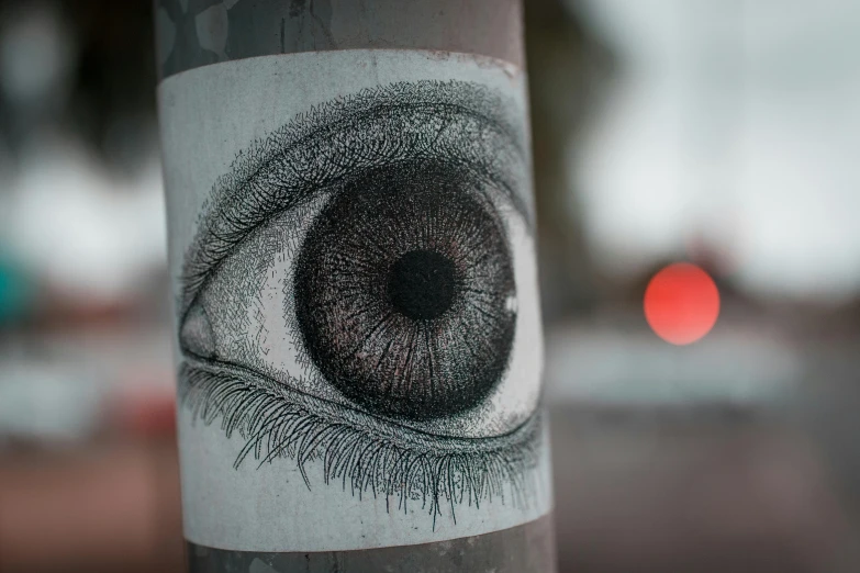 a close up of a sticker on a pole, a stipple, by Niko Henrichon, trending on pexels, street art, iris human's eye photo, glowing grey eyes, hand-drawn, ilustration
