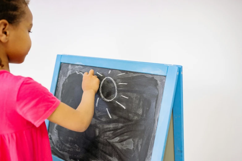 a little girl writing on a chalk board, inspired by Fra Filippo Lippi, interactive art, 2 - minute tabletop, mid view, panel of black, without text