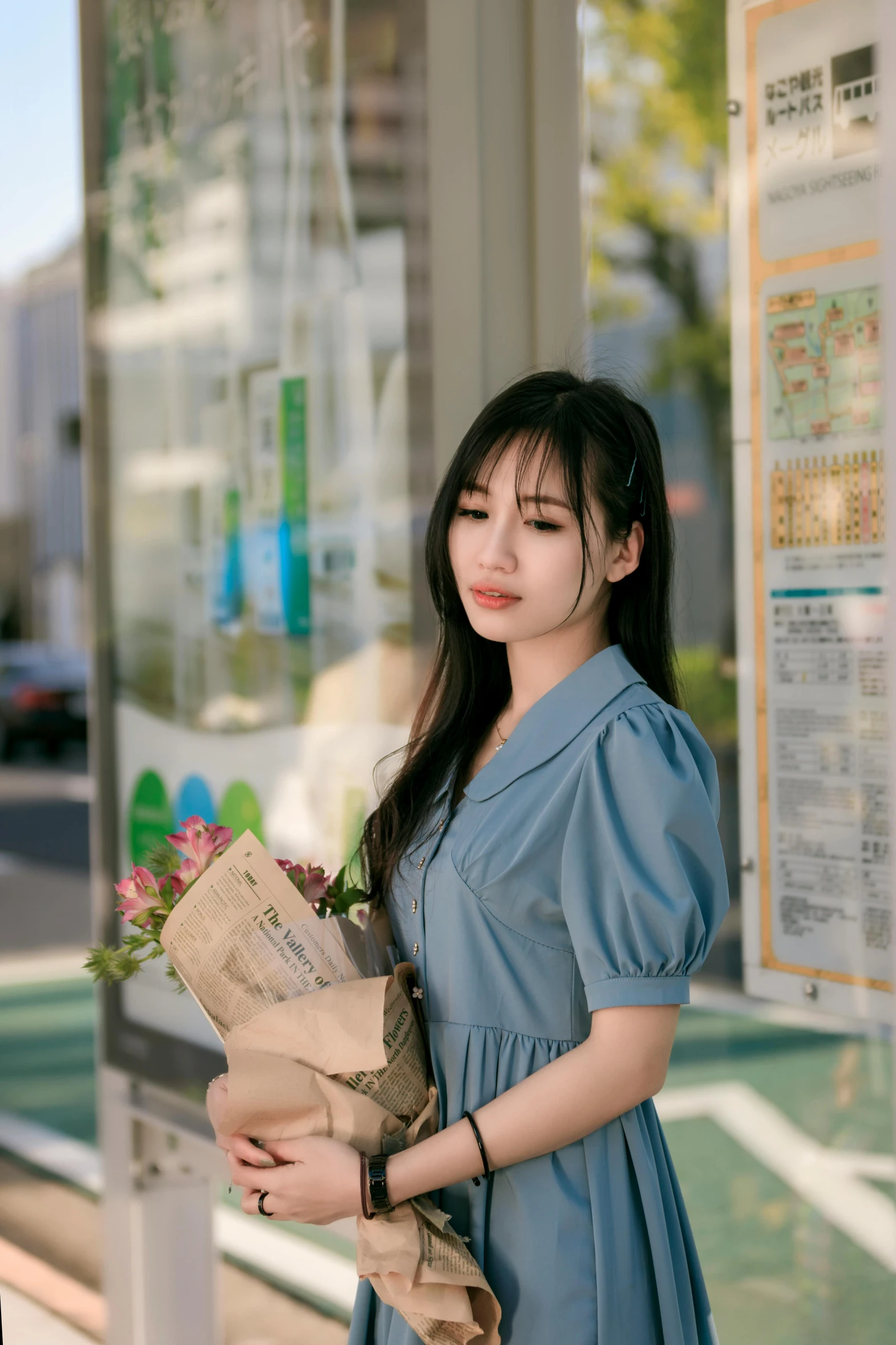 a woman in a blue dress holding a bunch of flowers, by Sengai, pexels contest winner, ulzzang, stood outside a corner shop, 15081959 21121991 01012000 4k, 🤤 girl portrait