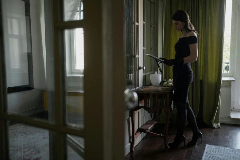 a woman in a black dress standing in front of a window, inspired by Elsa Bleda, realism, production still, hunting, old apartment, alexandra daddario