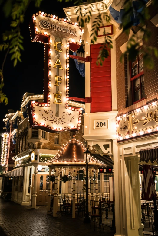 a clock that is on the side of a building, wonderland at night, washington main street, pixar 8 k photo, storefronts