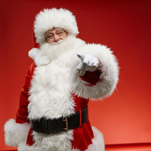 a man dressed as santa claus poses for a picture, an album cover, pexels, fine art, wax figure, with pointing finger, 8 k ), with white fluffy fur
