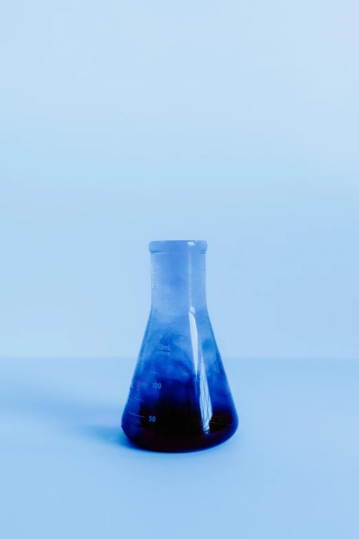 a blue flask sitting on top of a table, by Doug Ohlson, analytical art, gradient dark purple, clean white lab background, cone shaped, bleached colours