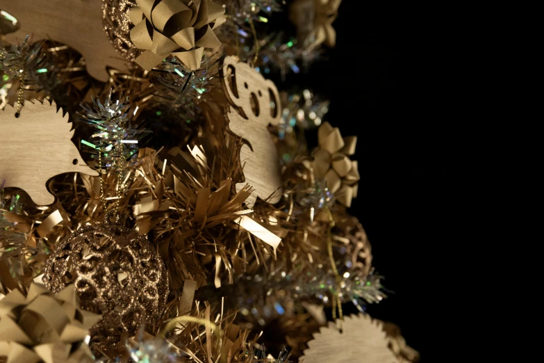 a close up of a christmas tree with ornaments, inspired by Ernest William Christmas, baroque, mat collishaw, laser cut textures, looking towards camera, ilustration