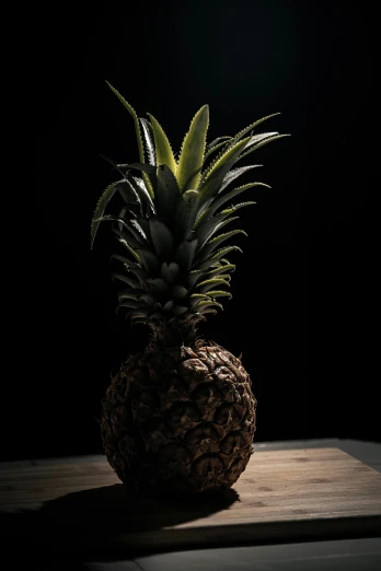 a pineapple sitting on top of a wooden cutting board, a raytraced image, unsplash, photorealism, lit up in a dark room, ultra realistic 8k octa photo, plant photography, cinematic front shot