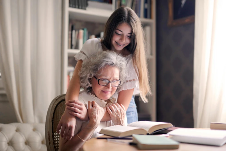 a woman helping an elderly woman with a book, a portrait, pexels contest winner, teenage girl, 15081959 21121991 01012000 4k, sassy pose, thumbnail