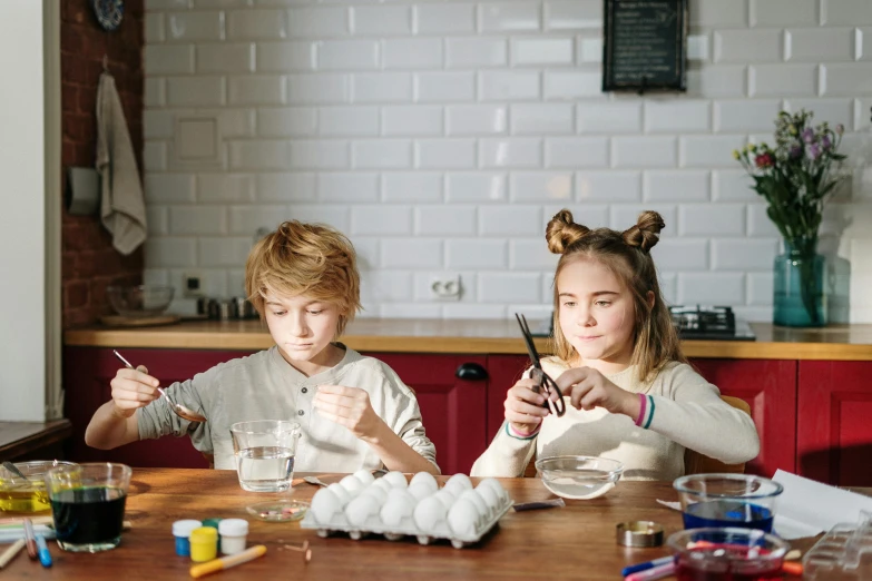 a couple of kids that are sitting at a table, pexels contest winner, arts and crafts movement, eggs, working in her science lab, practical effects, 15081959 21121991 01012000 4k