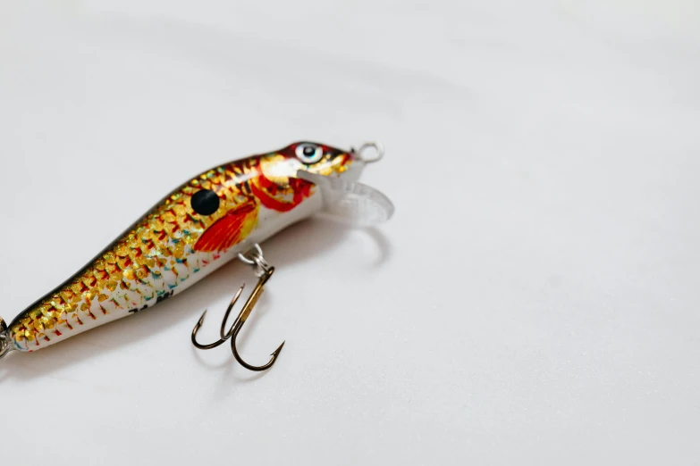 a close up of a fishing lure on a white surface, by Andries Stock, trending on pexels, koi, replica model, fish hooks, on a bright day